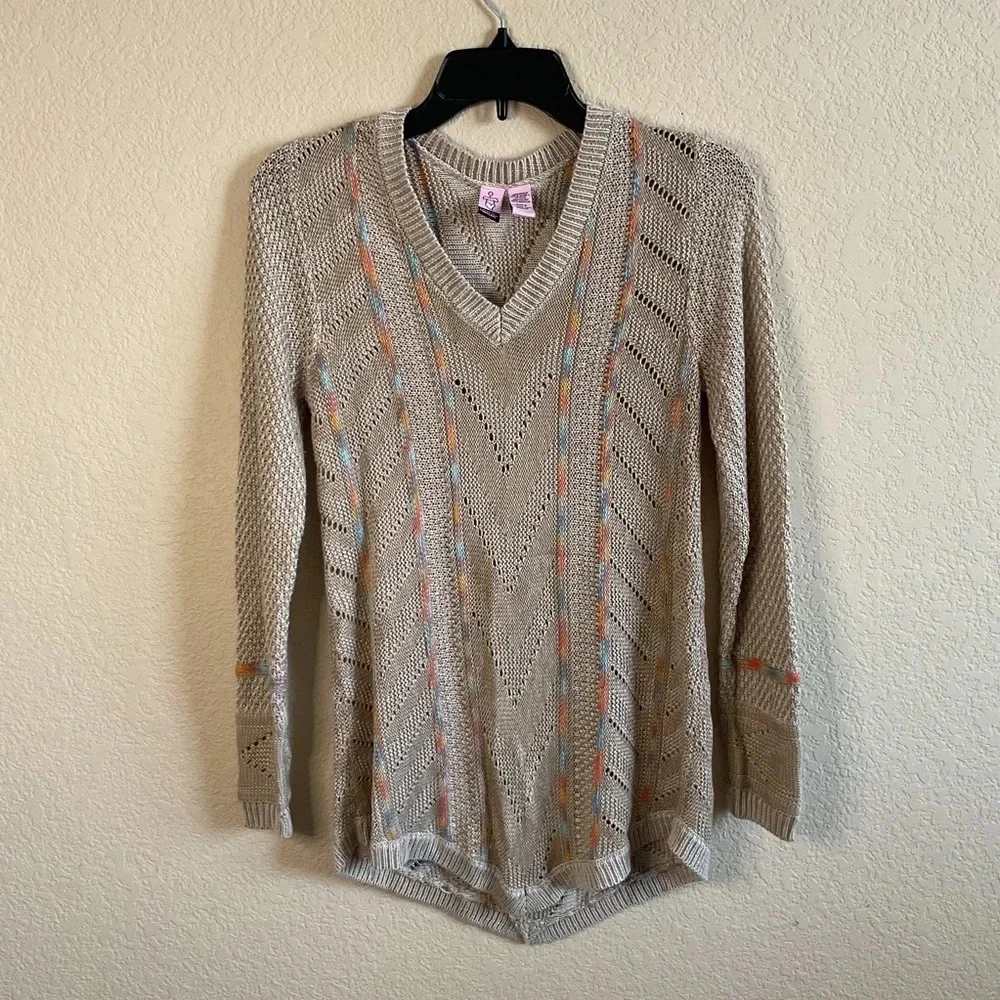 Anthropology Love On a Hanger Womens Tan Blue Orange‎ Knit V-Neck Sweater Small